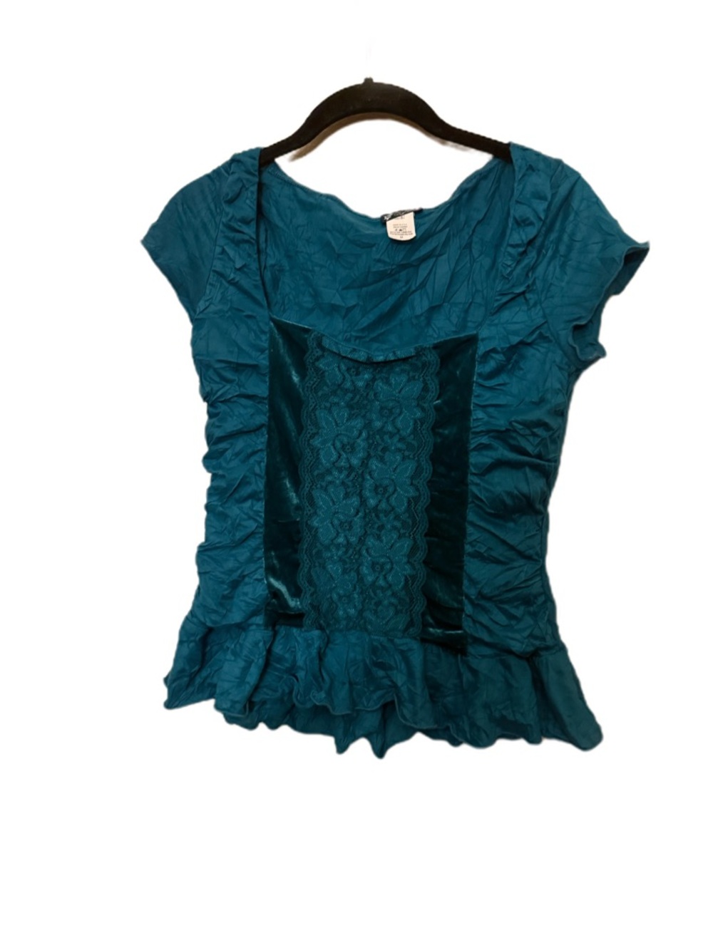 Y2K Teal Lace-Panel Ruffle Revival Peasant Top